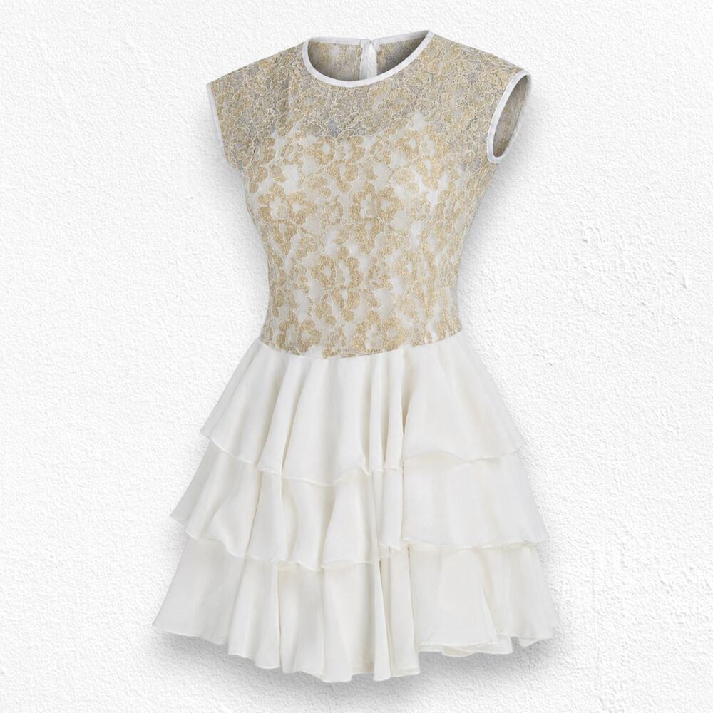 Vintage 1980s Ivory Gold Lace Tiered Party Dress Size 4 USA Made Deadstock